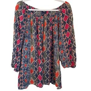 Chaps Size 1X Boho Western Ikat Diamond Print Cotton Gauze Off Shoulder Top